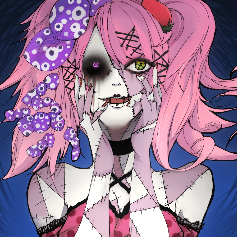 1girl, @_@, bad_id, bad_pixiv_id, bare_shoulders, black_sclera, bleeding, blood, candy, candy_addict_full_course_(vocaloid), choker, colored_sclera, creepy, female_focus, food, fruit, hair_ornament, hairclip, hands_on_own_face, hatsune_miku, heterochromia, injury, nail_polish, open_mouth, pink_eyes, pink_hair, scar, simennsoka, simensoka, solo, stitches, strawberry, twintails, vocaloid, yellow_eyes