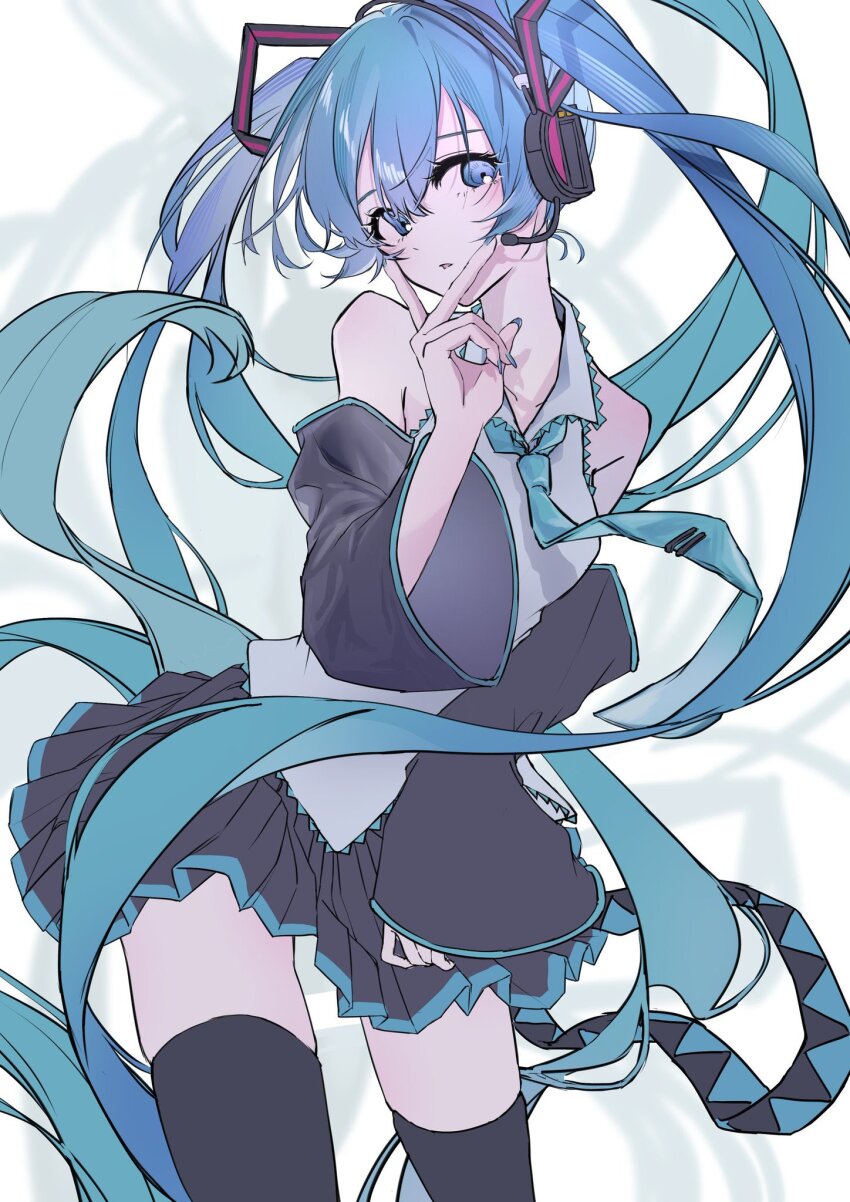 1girl, aqua_eyes, aqua_hair, aqua_nails, aqua_necktie, bare_shoulders, black_skirt, black_theme