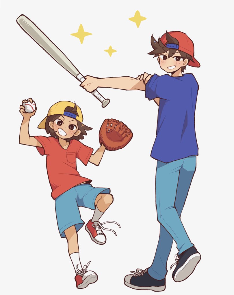 2boys, alternate_costume, ball, baseball, baseball_(object), baseball_bat, baseball_cap, baseball_glove