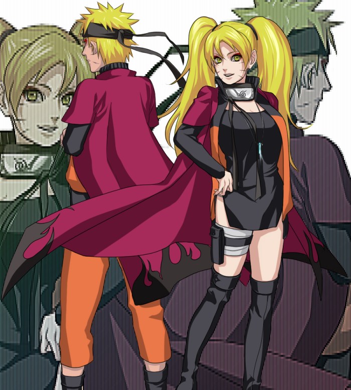 1boy, 1girl, adapted_costume, amphibian_eyes, back-to-back, bandages, black_cape, black_coat