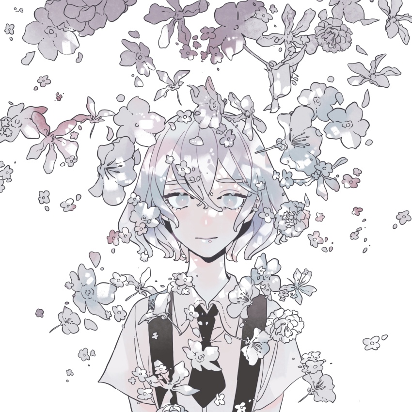 1other, black_necktie, bob_cut, closed_mouth, collared_shirt, dappled_sunlight, diamond_(houseki_no_kuni), flower