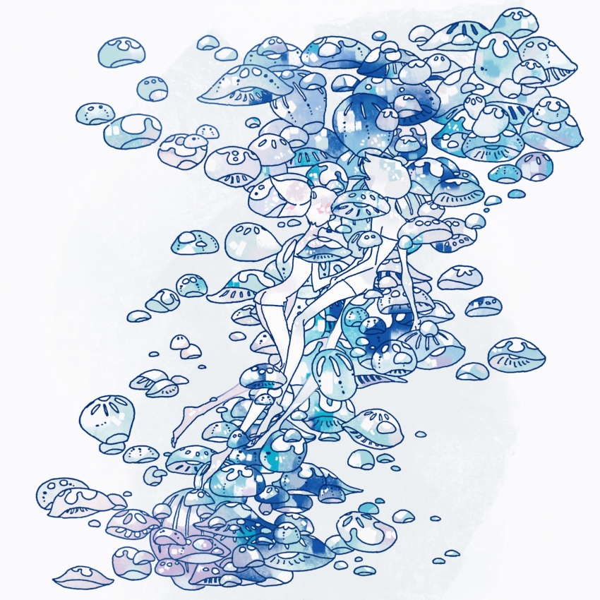 2others, absurdres, air_bubble, barefoot, blue_hair, blue_theme, bubble, diving