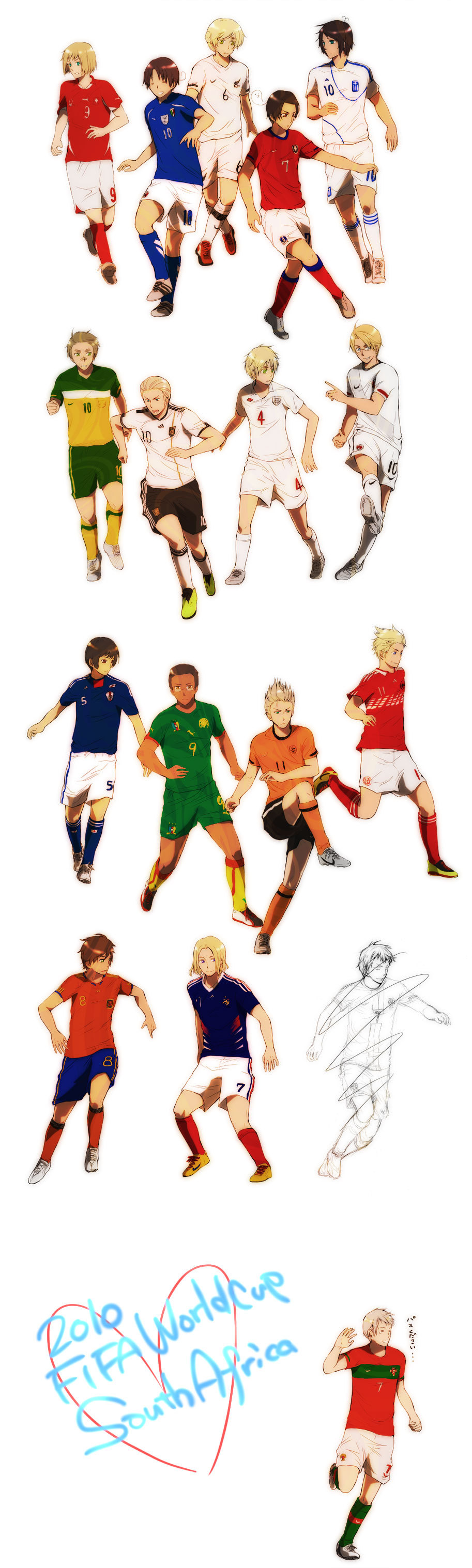 2010_fifa_world_cup, 6+boys, =_=, absurdres, america_(hetalia), aquawakano, australia_(hetalia), axis_powers_hetalia, bad_id, bad_pixiv_id, cameroon_(hetalia), clothes_writing, denmark_(hetalia), france_(hetalia), germany_(hetalia), greece_(hetalia), highres, japan_(hetalia), korea_(hetalia), male_focus, multiple_boys, netherlands_(hetalia), new_zealand_(hetalia), northern_italy_(hetalia), prussia_(hetalia), soccer, soccer_uniform, spain_(hetalia), sportswear, switzerland_(hetalia), united_kingdom_(hetalia), world_cup