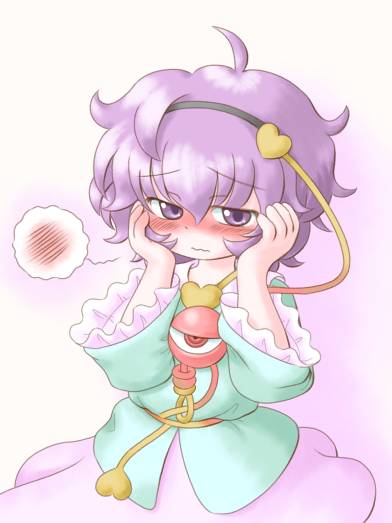 1girl, 3:, ahoge, arms_up, black_hairband, blouse, blue_shirt, blush