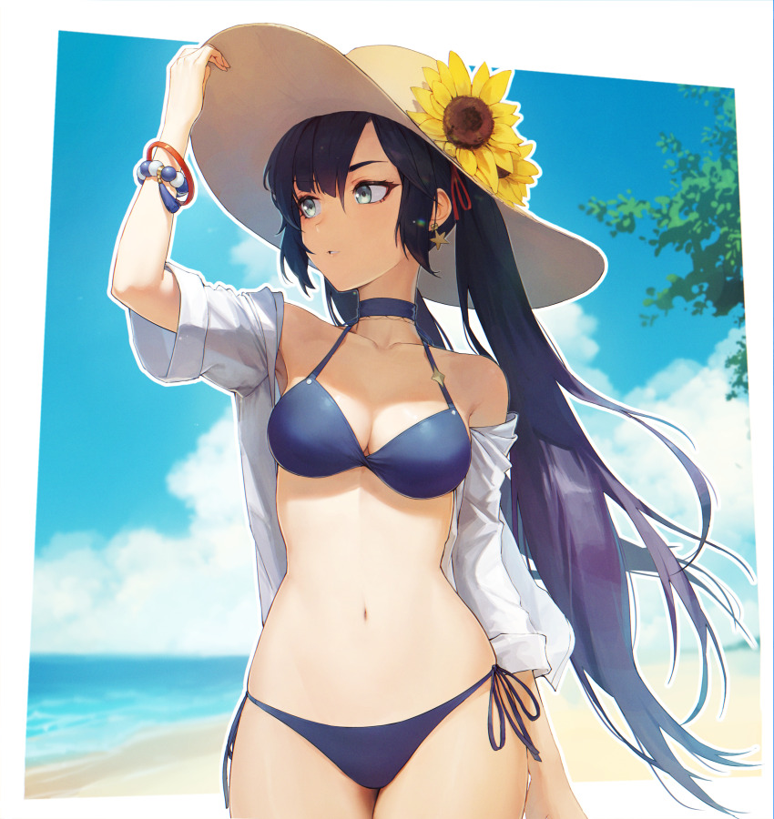 1girl, absurdres, alaskastomatoez, beach, bead_bracelet, beads, bikini, black_hair, blue_bikini, blue_choker, bracelet, breasts, choker, earrings, flower, genshin_impact, green_eyes, hand_on_headwear, hat, hat_flower, highres, jewelry, long_hair, medium_breasts, mona_(genshin_impact), navel, off_shoulder, shirt, solo, star_(symbol), star_earrings, stomach, sun_hat, sunflower, swimsuit, twintails, very_long_hair, white_shirt, wristband