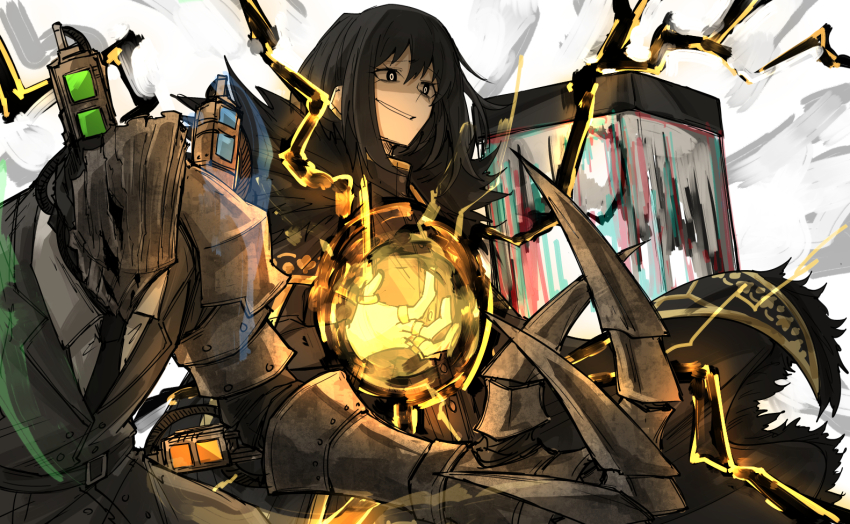 1girl, 2others, arm_armor, baral_(project_moon), belt, black_eyes, black_hair, black_necktie, black_suit, bright_pupils, cloak, collared_shirt, crazy_smile, formal_clothes, fur_trim, jewelry, kankan33333, library_of_ruina, luda_(project_moon), magic, medium_hair, multiple_others, multiple_rings, necktie, non-web_source, parted_lips, project_moon, ring, ringed_eyes, scene_reference, shaded_face, shirt, smile, sparks, suit, white_pupils, white_shirt, zena_(project_moon)