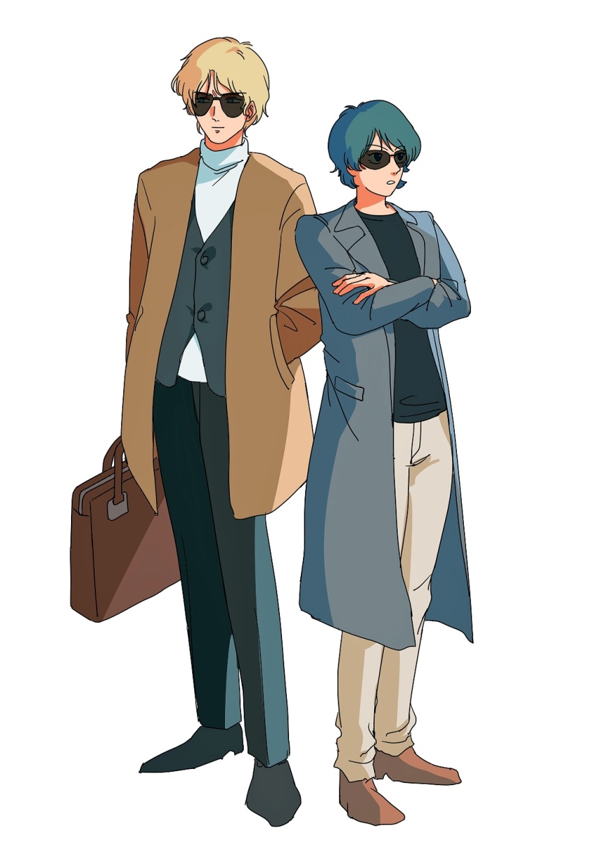 2boys, blonde_hair, blue_hair, char_aznable, coat, gundam, highres, kamille_bidan