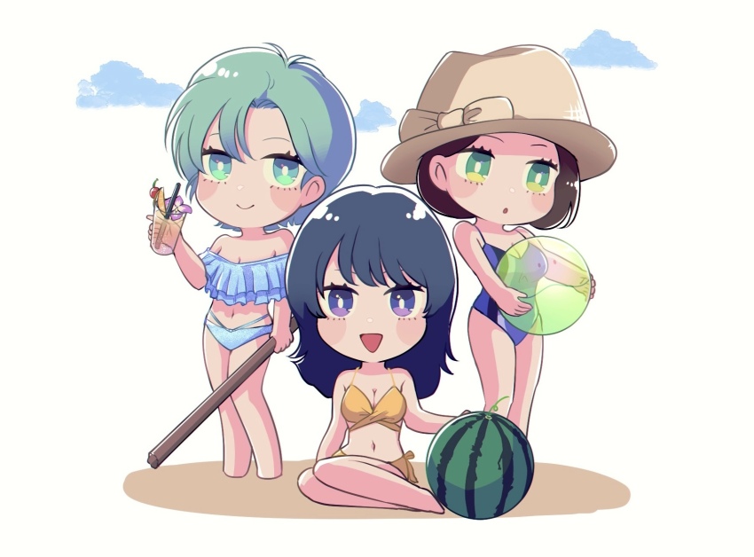 3girls, bikini, blue_hair, brown_hair, chibi, drink, emma_sheen, fa_yuiry, food, four_murasame, fruit, green_eyes, green_hair, gundam, haro, hat, highres, melon, multiple_girls, purple_eyes, rib215tpj, short_hair, swimsuit, zeta_gundam