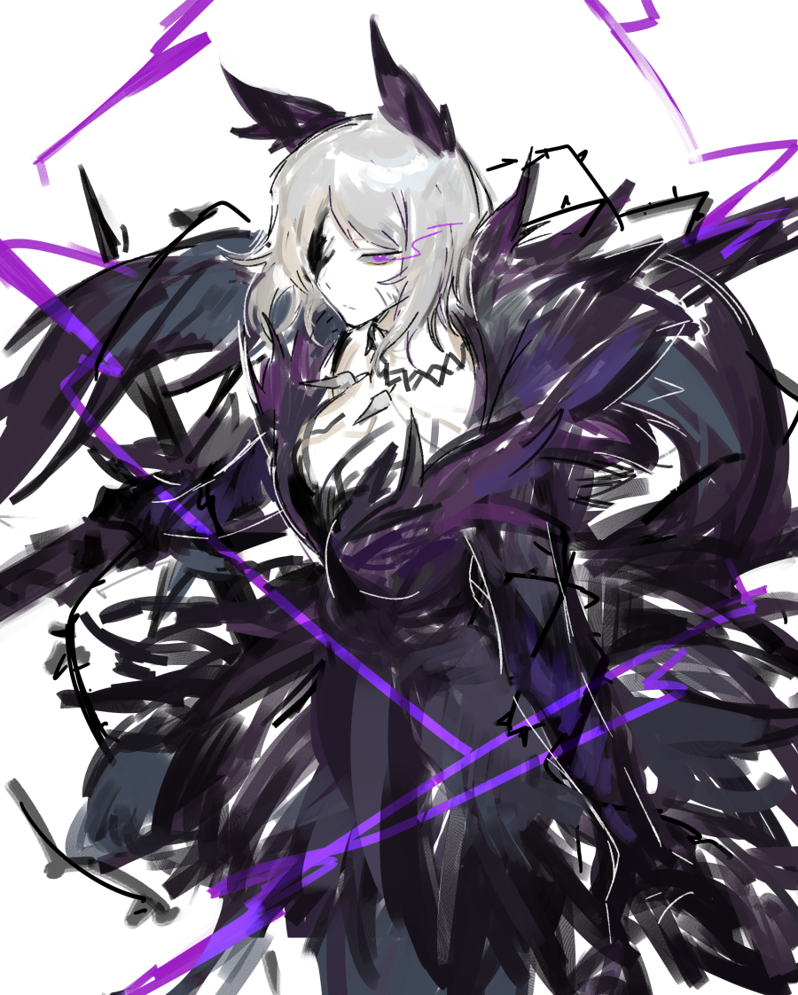 1girl, animal_ears, black_vest, breasts, cleavage, closed_mouth, coat, e.g.o_(project_moon)