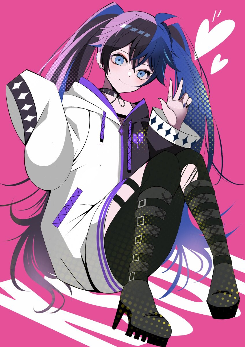 1girl, ahoge, black_boots, black_choker, black_hair, black_hoodie, black_nails, black_pants