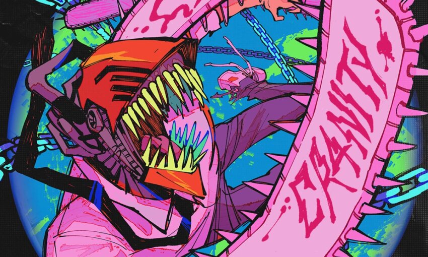 1boy, artist_name, black_necktie, blood, bloody_weapon, chainsaw, chainsaw_man, collared_shirt, cranity, denji_(chainsaw_man), green_blood, necktie, open_mouth, sharp_teeth, shirt, sleeves_rolled_up, solo, teeth, weapon, white_shirt