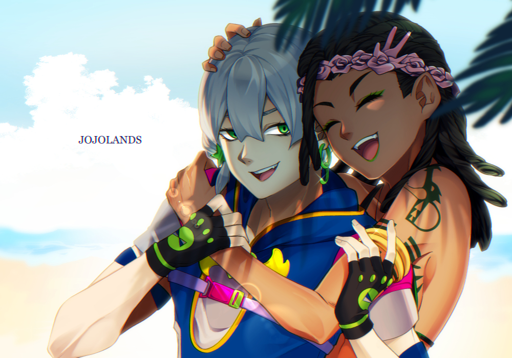 2boys, black_hair, braid, cloud, cloudy_sky, copyright_name, dragon_tattoo, dragona_joestar, fingerless_gloves, flower, garland_(decoration), gloves, green_eyes, grey_hair, hair_flower, hair_ornament, hood, jodio_joestar, jojo_no_kimyou_na_bouken, laughing, leaf, multiple_boys, renren_(suiren-ame), sky, tan, tattoo, the_jojolands