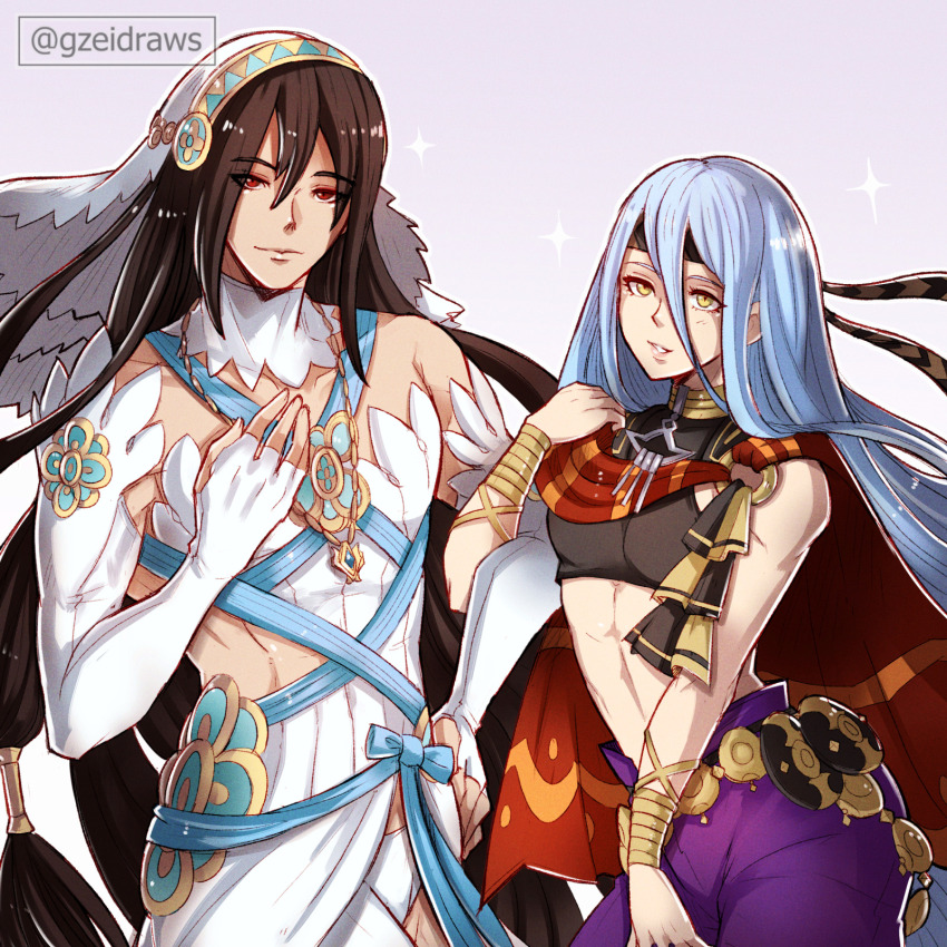 1boy, 1girl, azura_(fire_emblem), azura_(fire_emblem)_(cosplay), bare_arms, bare_shoulders, black_hair, black_shirt