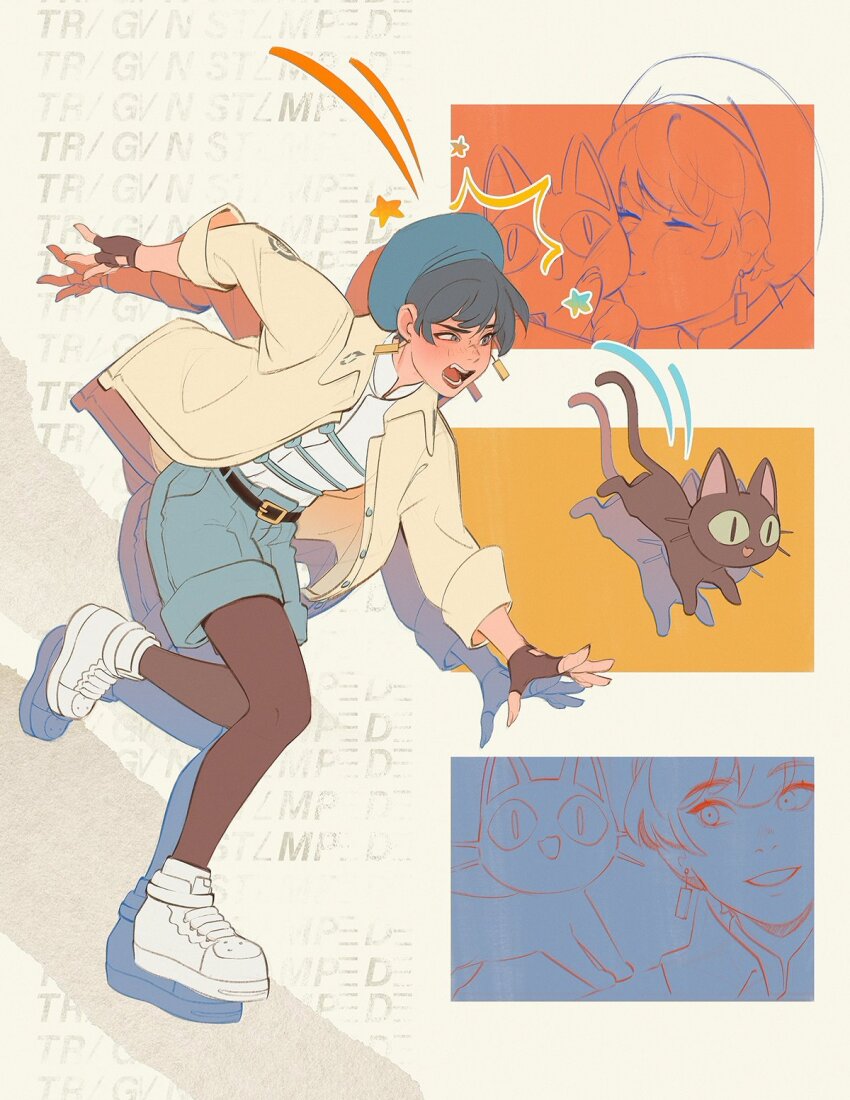 aleikats, black_cat, black_gloves, blue_headwear, cat, earrings, fingerless_gloves, full_body