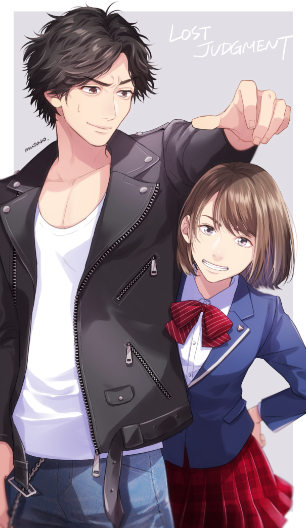 1boy, 1girl, age_difference, amasawa_kyouko, black_hair, bow, bowtie, brown_hair, collared_shirt, denim, jacket, jeans, judge_eyes, leather, leather_jacket, lost_judgment, mutarou_(mu), necktie, pants, plaid_clothes, plaid_skirt, pleated_skirt, red_bow, red_bowtie, red_necktie, red_skirt, school_uniform, shirt, skirt, t-shirt, teacher_and_student, yagami_takayuki