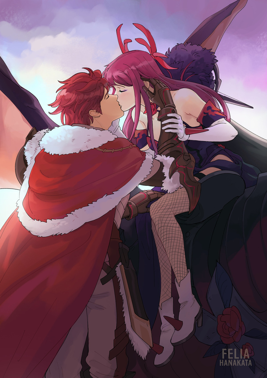 1boy, 1girl, bare_shoulders, boots, cape, commentary, detached_sleeves, diamant_(fire_emblem)