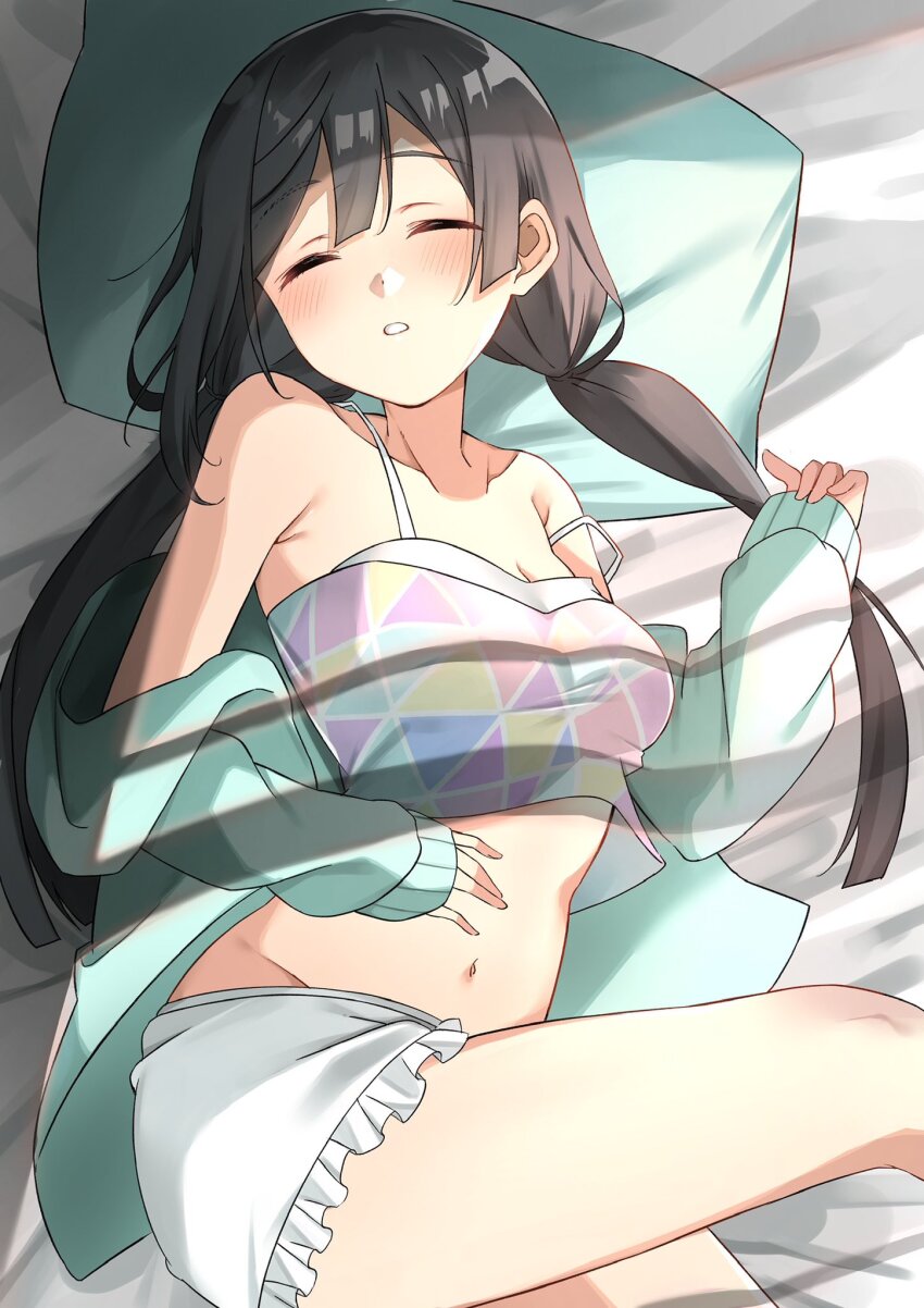 1girl, bien_(djpwjd1), black_hair, blush, breasts, cleavage, closed_eyes, collarbone, commentary, highres, jacket, long_hair, love_live!, love_live!_nijigasaki_high_school_idol_club, low_twintails, lying, medium_breasts, midriff, nakagawa_nana, navel, no_eyewear, on_bed, on_side, sidelocks, sleeping, solo, strap_slip, twintails, upper_body, yuki_setsuna, yuki_setsuna_(love_live!)