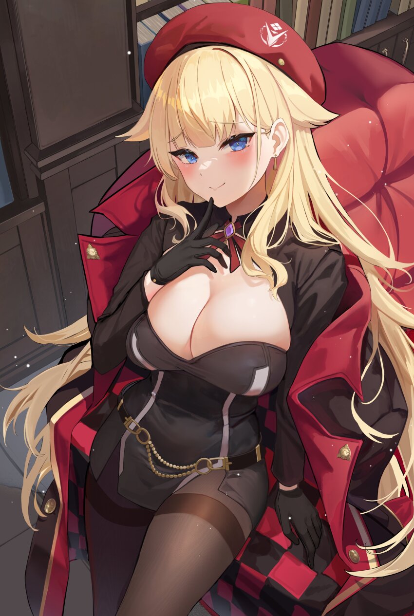 1girl, absurdres, beret, black_coat, black_dress, black_gloves, blonde_hair, blue_eyes, breasts, brown_pantyhose, cleavage, coat, coat_on_shoulders, commentary, counter:side, dress, earrings, english_commentary, finger_to_mouth, gambler_(counter:side), gloves, hair_flaps, hand_up, hat, highres, jewelry, large_breasts, long_hair, long_sleeves, looking_at_viewer, neck_ribbon, pantyhose, red_hat, ribbon, runa_(user_guwn7382), side_slit, skindentation, smile, solo, thighband_pantyhose, very_long_hair