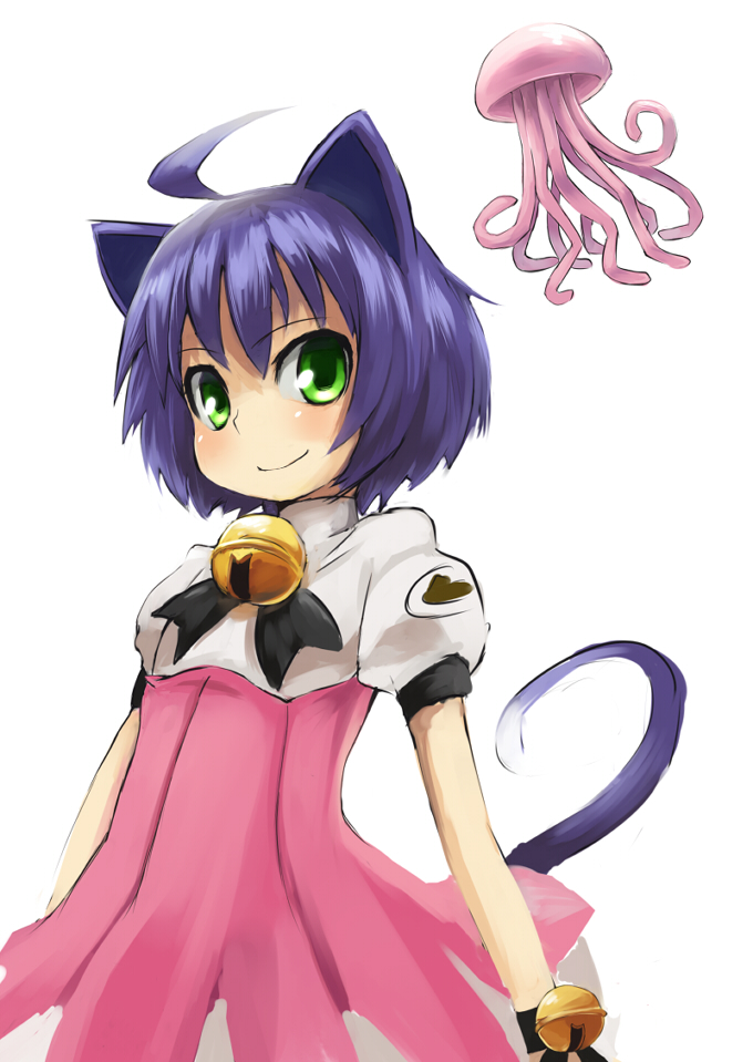 00s, ahoge, animal_ears, bell, blue_hair, blush, cat_ears, cat_tail