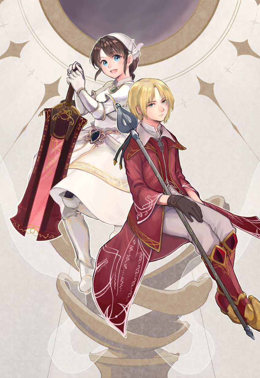 1boy, 1girl, :d, armor, blonde_hair, blue_eyes, brown_gloves, closed_mouth, coat, dress, gloves, greaves, green_eyes, highres, hugo_fact, long_sleeves, looking_at_viewer, open_mouth, pants, polymer_chan, red_coat, red_footwear, short_hair, sitting, smile, staff, sword, vambraces, weapon, white_dress, white_footwear, white_gloves, white_headwear, white_pants, ys, ys_origin, yunica_tovah