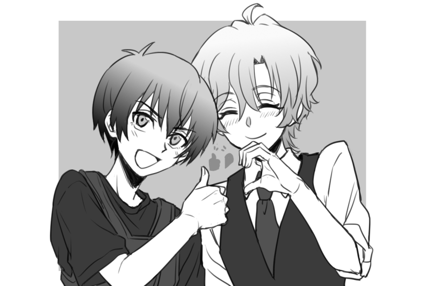 2boys, blush, closed_eyes, formal_clothes, format_kun, greyscale, higurashi_no_naku_koro_ni, higurashi_no_naku_koro_ni_rei