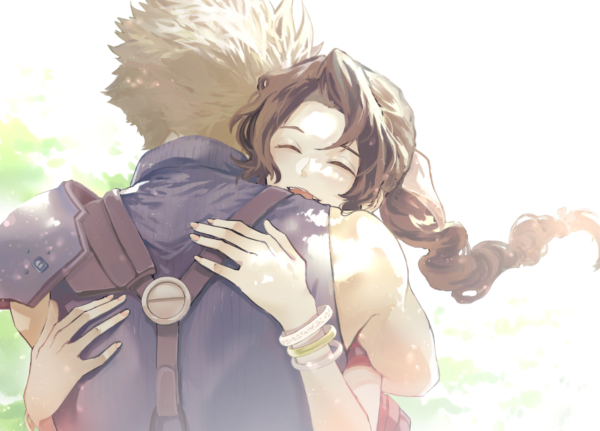 1boy, 1girl, aerith_gainsborough, armor, arms_around_another's_back, bangle, blonde_hair, blue_shirt