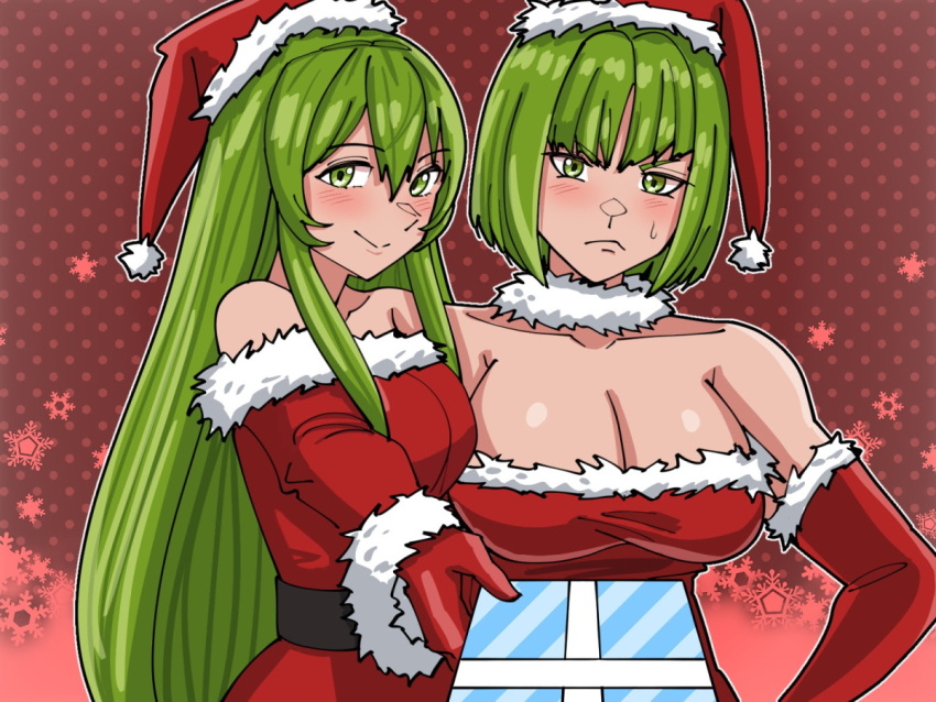 2girls, bare_shoulders, black_sash, bob_cut, breasts, cleavage, closed_mouth, collarbone, commentary, dithorba_(fire_emblem), dress, english_commentary, erinys_(fire_emblem), fire_emblem, fire_emblem:_genealogy_of_the_holy_war, frown, fur-trimmed_headwear, fur-trimmed_sleeves, fur_trim, giving, gloves, green_eyes, green_hair, hair_between_eyes, hat, large_breasts, long_hair, long_sleeves, looking_at_viewer, mnejing30, multiple_girls, nintendo, off-shoulder_dress, off_shoulder, outline, polka_dot, polka_dot_background, red_background, red_gloves, red_headwear, santa_costume, santa_hat, sash, short_hair, smile, snowflakes, split_mouth, very_long_hair, white_outline