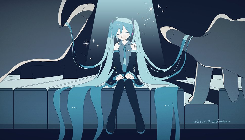 1girl, 39, absurdly_long_hair, aqua_theme, bare_shoulders, black_boots, black_skirt, black_sleeves, blue_hair, blue_necktie, blue_theme, blush_stickers, boots, clenched_hands, closed_eyes, collared_shirt, commentary_request, dated, detached_sleeves, facing_viewer, fingernails, flat_chest, full_body, grey_shirt, hair_over_shoulder, hair_strand, hand_focus, hands_on_own_legs, hatsune_miku, headset, holding_another's_hair, instrument, knees_together_feet_apart, kobayashi_keyaki, light_particles, long_hair, mini_person, minigirl, music, muted_color, necktie, no_nose, number_tattoo, on_piano, open_mouth, piano, piano_keys, playing_instrument, playing_piano, pleated_skirt, pov, pov_hands, shirt, shoulder_tattoo, signature, signing, sitting, size_difference, skirt, sleeveless, sleeveless_shirt, solo, sparkle, spotlight, straight_hair, tattoo, twintails, very_long_hair, vocaloid, wide_sleeves