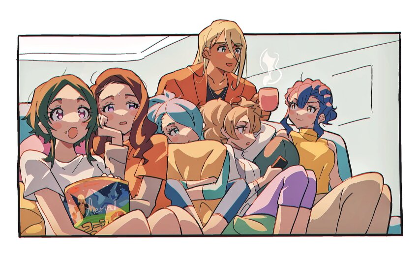 1boy, 5girls, bare_shoulders, blonde_hair, blue_hair, blush, border, braid