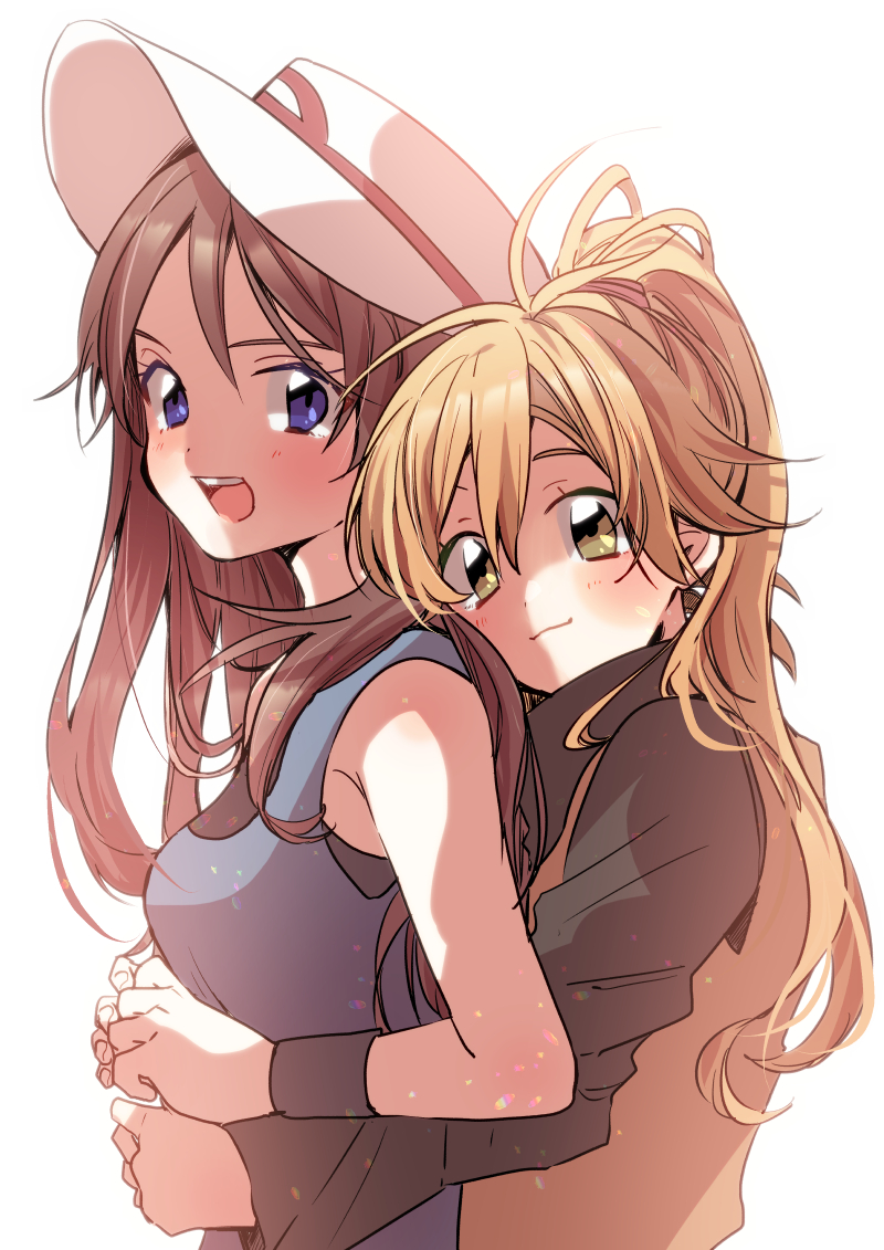 2girls, :d, blonde_hair, blue_shirt, blush, brown_hair, closed_mouth, commentary_request, from_side, green_(pokemon), hat, hug, hug_from_behind, long_hair, looking_at_viewer, marutoko45, multiple_girls, nintendo, open_mouth, pokemon, pokemon_adventures, ponytail, shirt, sleeveless, sleeveless_shirt, smile, teeth, tongue, tunic, upper_teeth_only, white_background, white_headwear, wristband, yellow_(pokemon)