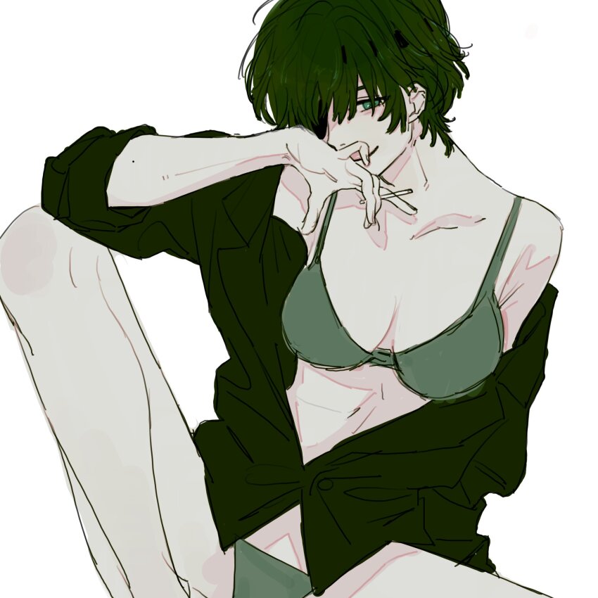 1girl, black_hair, black_jacket, bra, chainsaw_man, cigarette, eyepatch, green_bra