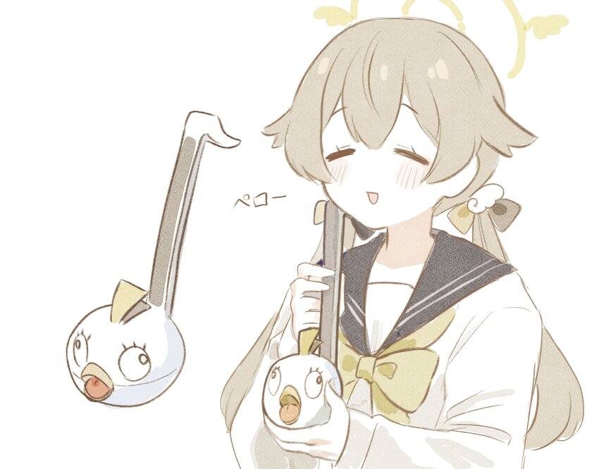 1girl, blue_archive, blue_sailor_collar, blush, bow, bowtie, cardigan, closed_eyes