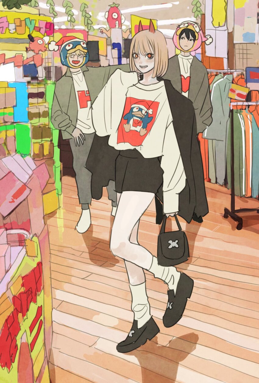 1girl, 2boys, animal_hood, bag, black_footwear, black_hair, black_jacket, black_shorts