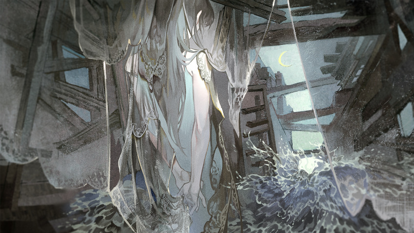 1girl, aqua_dress, arms_behind_back, bare_arms, bare_shoulders, black_hair, building, cowboy_shot