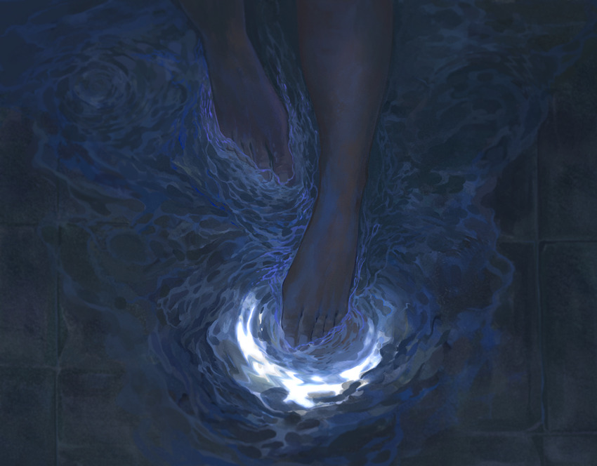 1other, barefoot, blue_theme, crescent_moon, feet, feet_only, foot_focus, from_above, moon, night, original, out_of_frame, pavement, pov, scenery, solo, standing, toenails, wading, water, yinertang