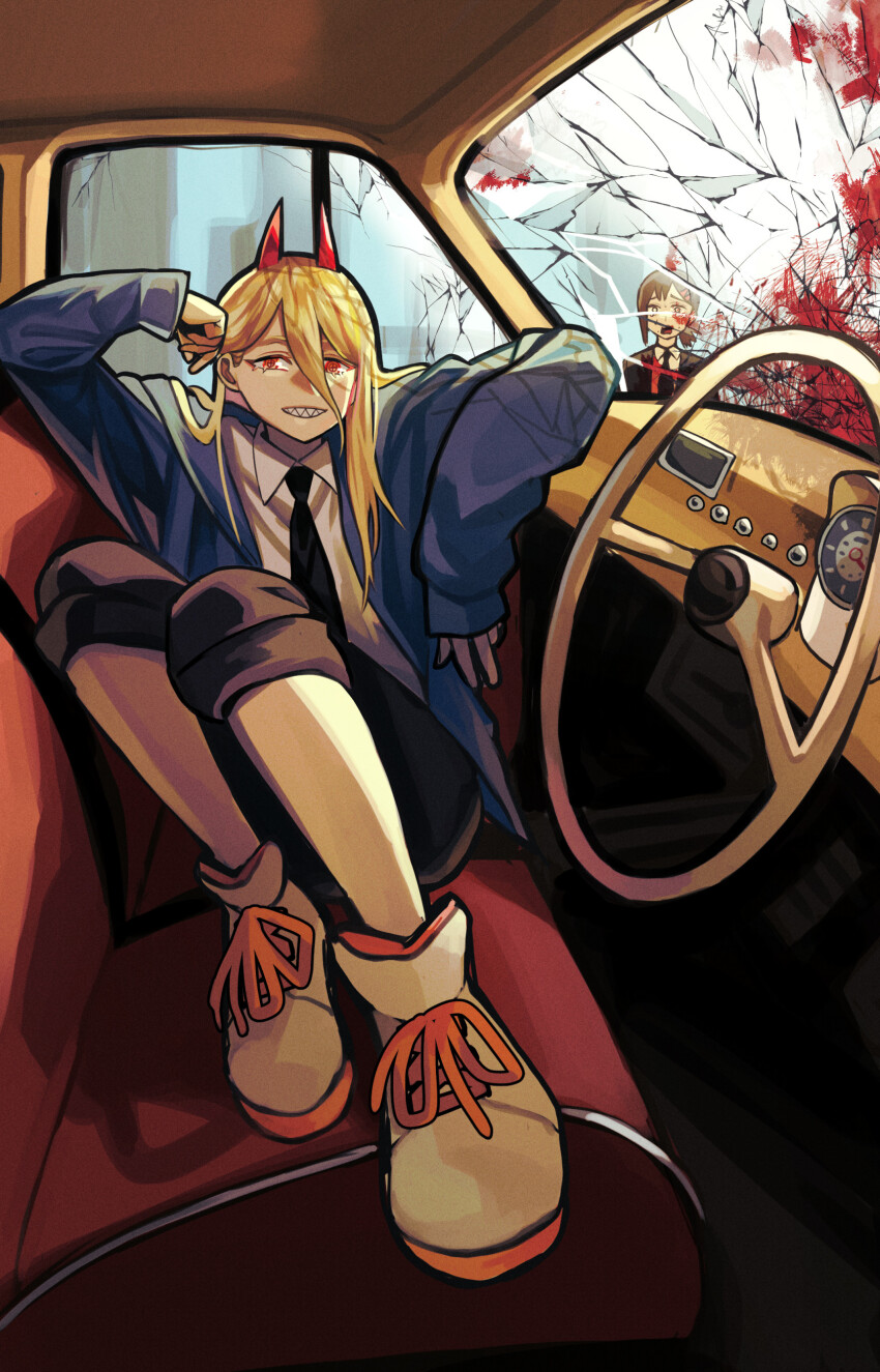 2girls, absurdres, black_hair, black_jacket, black_necktie, blonde_hair, blood_on_window, blue_jacket, car_crash, car_interior, chainsaw_man, collared_shirt, crack, cracked_glass, cross-shaped_pupils, hair_between_eyes, head_rest, higashiyama_kobeni, highres, horns, jacket, long_hair, looking_at_viewer, multiple_girls, necktie, open_mouth, pants, pants_rolled_up, power_(chainsaw_man), red_eyes, red_horns, sharp_teeth, shirt, short_hair, smile, soubu_yuusuke, suit_jacket, symbol-shaped_pupils, teeth, tongue, tongue_out, white_shirt