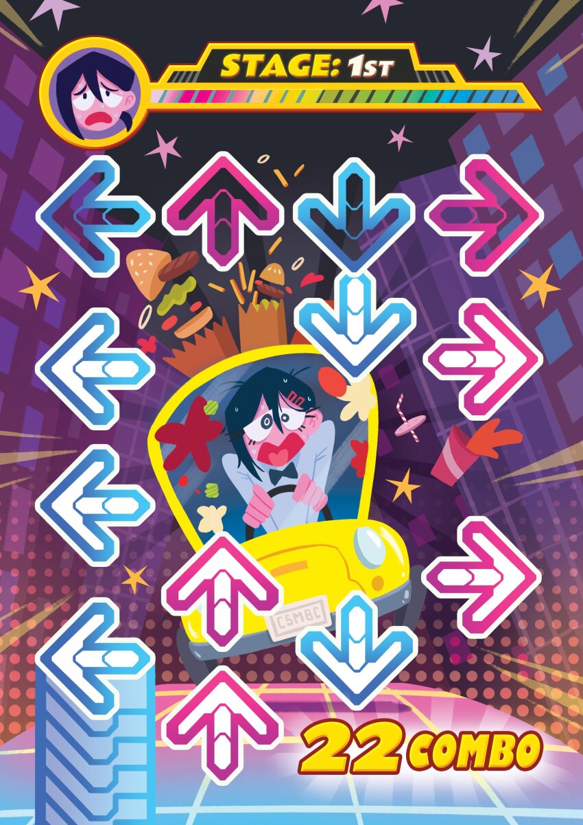 1girl, absurdres, arrow_(symbol), bag, bemani, black_bow, black_bowtie, black_hair, bow, bowtie, burger, car, chainsaw_man, cocoreena, dance_dance_revolution, driving, food, gameplay_mechanics, health_bar, higashiyama_kobeni, highres, looking_at_viewer, motor_vehicle, open_mouth, paper_bag, ponytail, shirt, short_hair, short_ponytail, single_sidelock, solo, spill, surprised, sweat, white_shirt