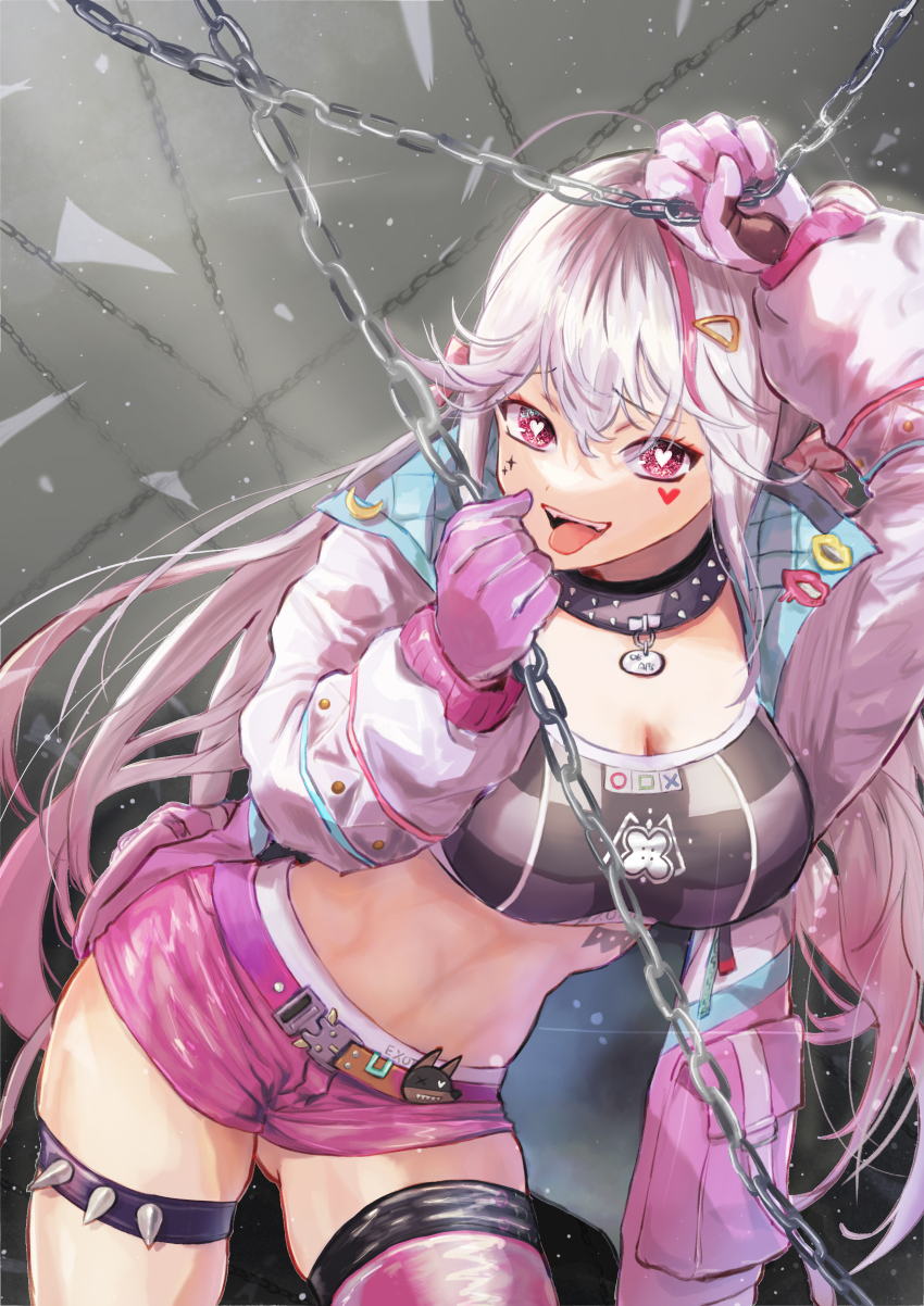 1girl, absurdres, asymmetrical_legwear, black_collar, black_sports_bra, breasts, chain, cleavage, collar, contrapposto, cowboy_shot, eyeshadow, facial_tattoo, gloves, gluteal_fold, goddess_of_victory:_nikke, gradient_hair, hair_ornament, hair_ribbon, hairclip, heart, heart-shaped_pupils, heart_tattoo, highres, holding, holding_chain, jackal_(nikke), jacket, kaibara_akehiko, leaning_forward, long_hair, looking_at_viewer, low_twintails, makeup, medium_breasts, mismatched_legwear, multicolored_belt, multicolored_hair, navel, open_mouth, pink_gloves, pink_hair, pink_shorts, pink_thighhighs, red_eyes, red_eyeshadow, ribbon, short_shorts, shorts, sidelocks, skindentation, solo, spiked_collar, spiked_legwear, spikes, sports_bra, stomach_tattoo, symbol-shaped_pupils, tattoo, teeth, thighhighs, tongue, tongue_out, twintails, two-sided_fabric, two-sided_jacket, upper_teeth_only, white_hair