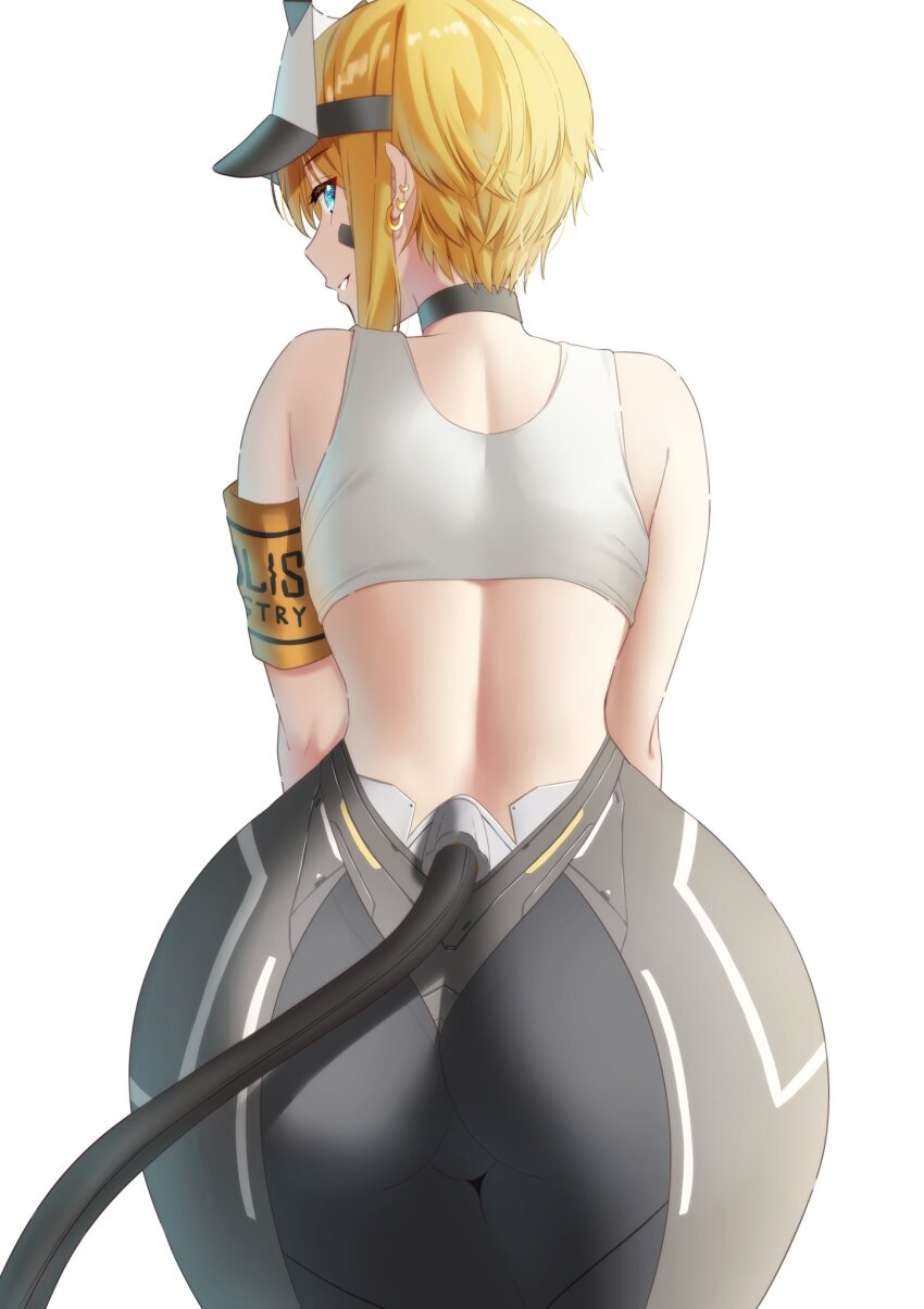 1girl, armband, ass, back, bandaid, bandaid_on_cheek, bandaid_on_face, bare_shoulders, black_choker, blue_eyes, cable, choker, cowboy_shot, ear_piercing, earrings, goddess_of_victory:_nikke, grey_pants, highleg, highres, jewelry, matuda_(matudayazo), maxwell_(nikke), mechabare, orange_hair, pants, piercing, short_hair, simple_background, solo, sports_bra, tail, visor_cap, white_background, white_sports_bra