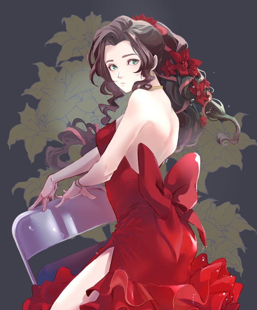 aerith_gainsborough, aerith_gainsborough_(red_dress), back_bow, backless_dress, backless_outfit, bare_shoulders, bow, bracelet