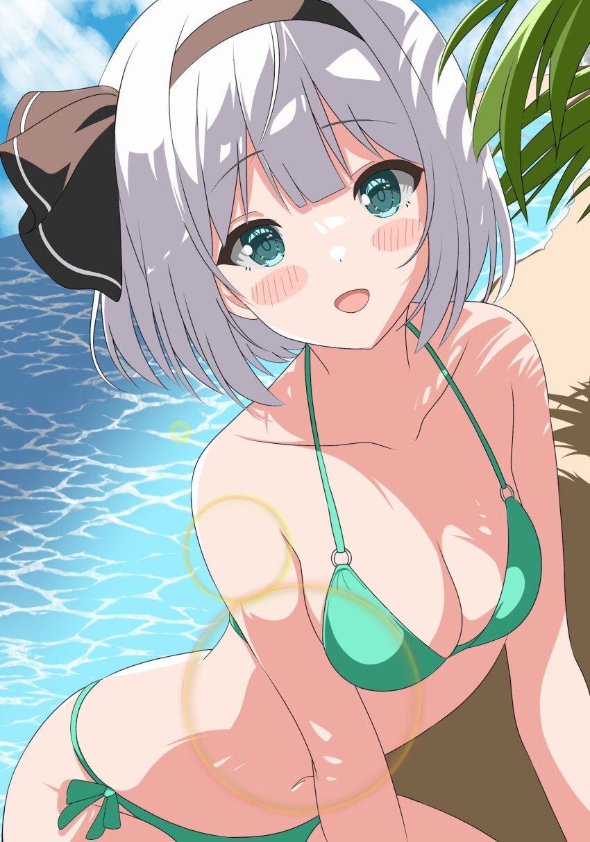 1girl, beach, bikini, black_hairband, blue_sky, blush, breasts, cleavage, cloud, commentary, green_bikini, green_eyes, grey_hair, hairband, highres, konpaku_youmu, looking_at_viewer, medium_breasts, navel, ocean, open_mouth, outdoors, setsugetsuka436, short_hair, sky, solo, swimsuit, touhou, white_hair