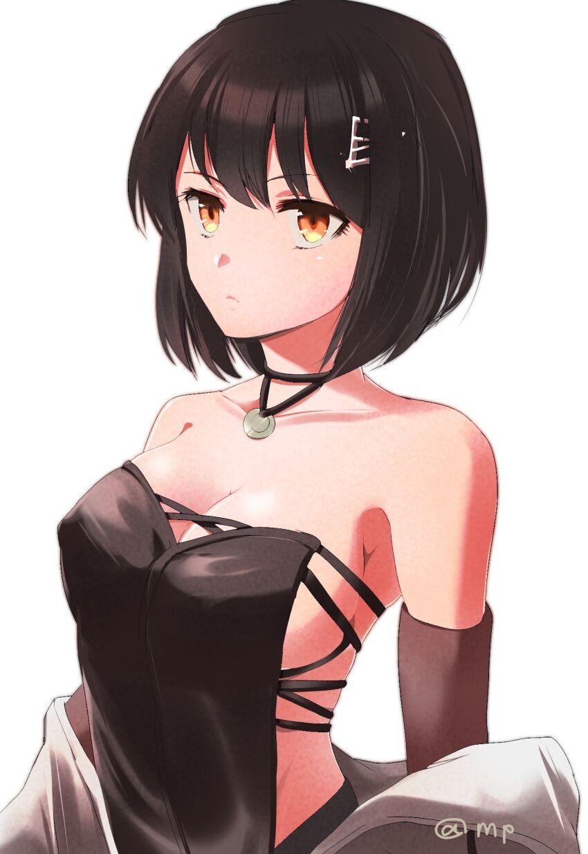 1girl, bare_shoulders, black_dress, black_hair, breasts, cleavage, closed_mouth, coat, collarbone, commentary_request, cres_(harvestella), dress, hair_ornament, hairclip, harvestella, highres, lab_coat, large_breasts, looking_at_viewer, off_shoulder, orange_eyes, short_hair, sideboob, simple_background, solo, strapless, strapless_dress, there2, twitter_username, white_background, white_coat