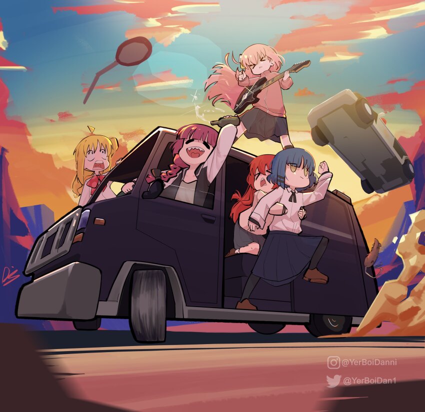 >_<, 5girls, absurdres, alcohol, blonde_hair, blue_hair, bocchi_the_rock!, chibi