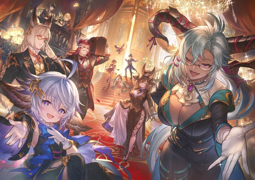 5boys, 5girls, adjusting_eyewear, aglovale_(granblue_fantasy), ahoge, animal_ears, black_dress, black_jacket