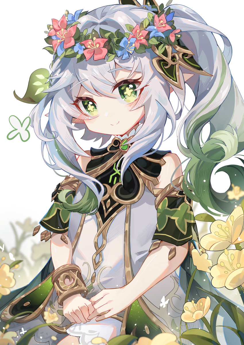 1girl, absurdres, asymmetrical_hair, bare_shoulders, blush, bracelet, cowboy_shot, cross-shaped_pupils