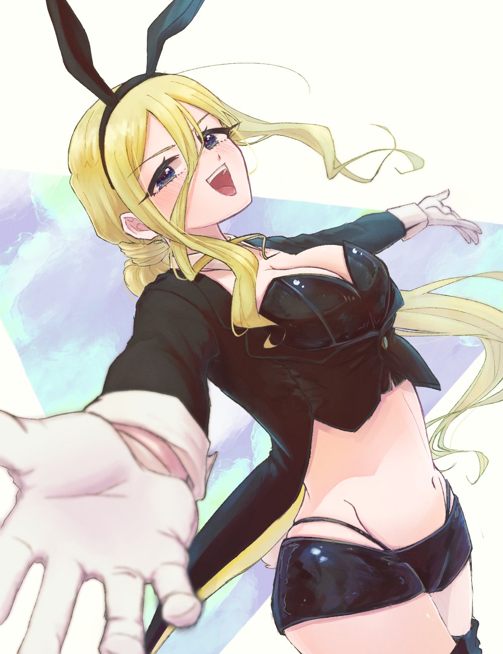 1girl, :d, animal_ears, black_headband, black_shorts, blonde_hair, blue_eyes, breasts, cleavage, cowboy_shot, detached_collar, fake_animal_ears, fake_tail, gloves, hair_between_eyes, headband, highleg, highleg_panties, highres, kimi_no_koto_ga_dai_dai_dai_dai_daisuki_na_100-nin_no_kanojo, large_breasts, long_hair, long_hair_between_eyes, long_sleeves, looking_at_viewer, oknomyk, open_mouth, outstretched_arms, panties, rabbit_ears, rabbit_tail, short_shorts, shorts, smile, solo, tail, underwear, very_long_hair, white_gloves, yamato_nadeshiko_(hyakkano)
