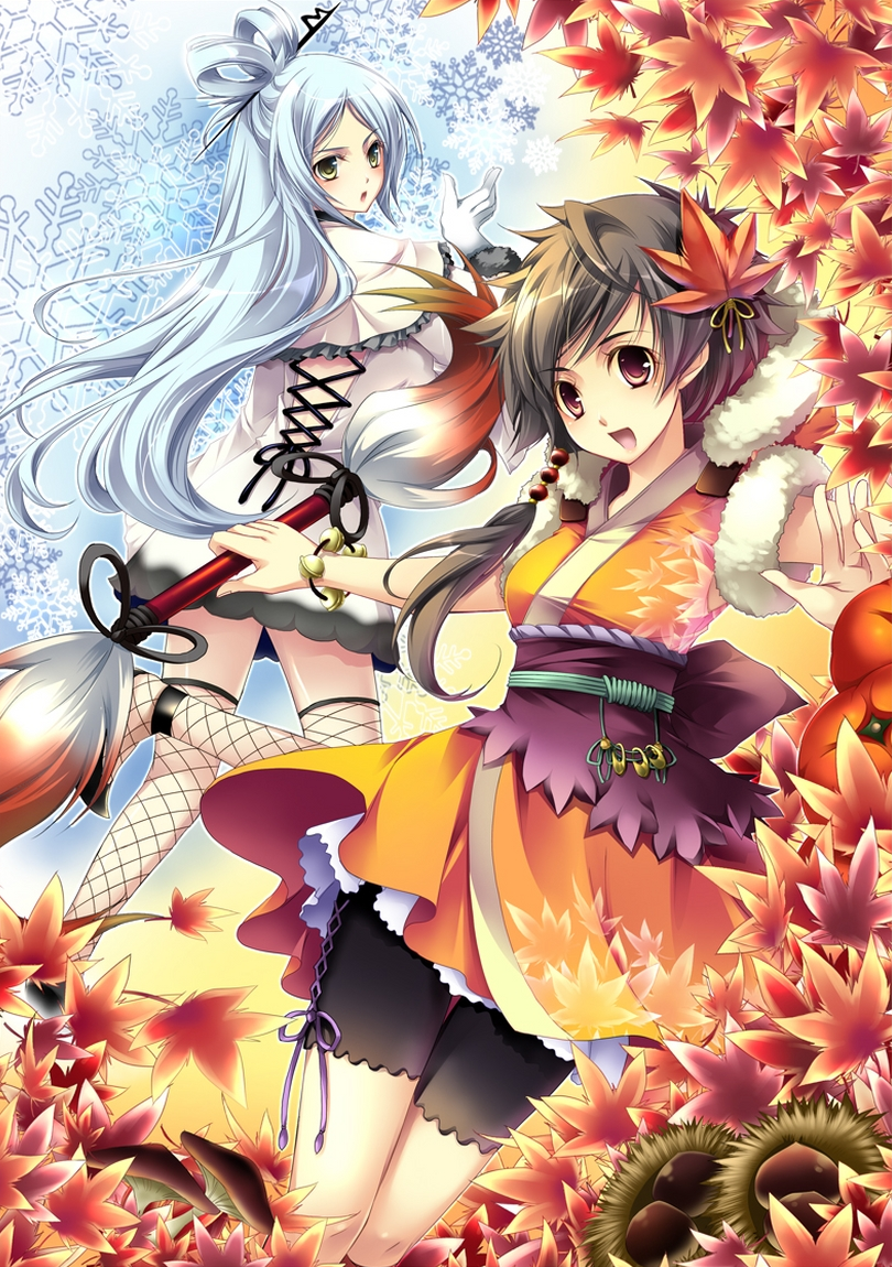 2girls, blue_hair, brown_hair, green_eyes, hair_ornament, hairpin, leaf, leaf_hair_ornament