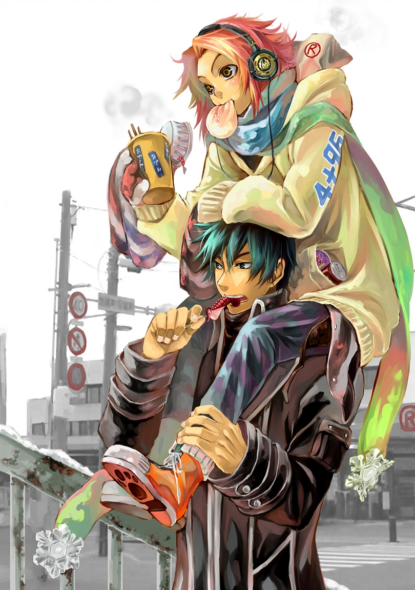 1boy, 1girl, blue_eyes, can, carrying, city, eating, food