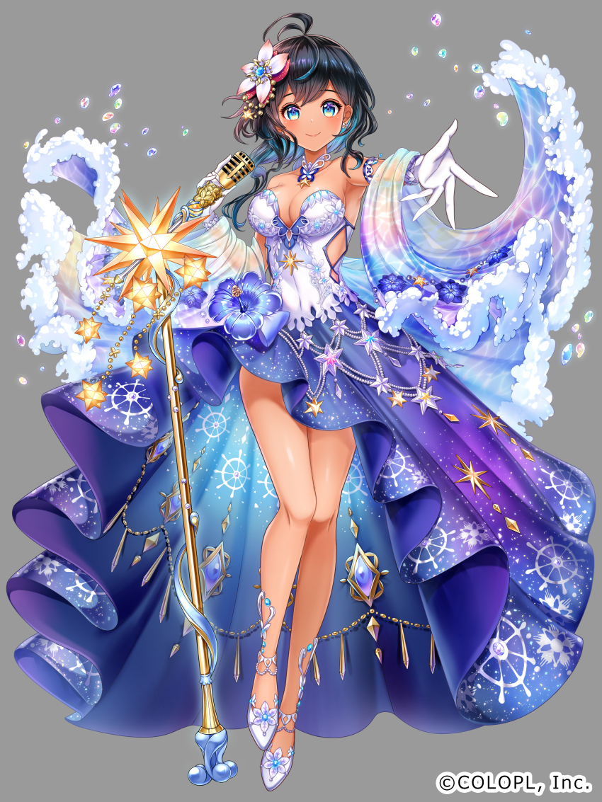 11-chan, 1girl, absurdres, black_hair, blue_dress, blue_eyes, blue_hair, breasts, claudia_fou, cleavage, closed_mouth, colored_inner_hair, colored_tips, company_name, copyright_notice, dress, earrings, full_body, gloves, grey_background, hair_ornament, highres, holding, holding_microphone, jewelry, looking_at_viewer, medium_breasts, medium_hair, microphone, microphone_stand, multicolored_dress, multicolored_hair, official_art, reaching, reaching_towards_viewer, see-through_clothes, shawl, shironeko_project, shoes, simple_background, smile, solo, strapless, strapless_dress, white_dress, white_gloves, white_shoes