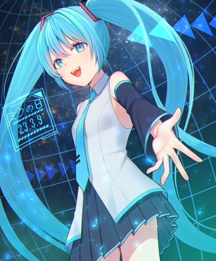 1girl, 39, aqua_eyes, aqua_hair, aqua_necktie, ashitana, bare_shoulders, black_skirt